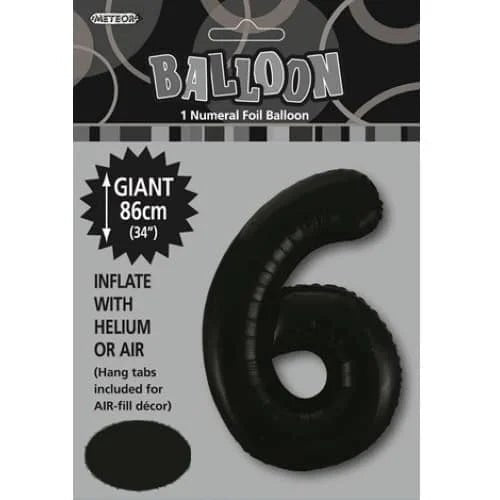 Black Number 6 Giant Numeral Foil Balloon 86CM (34") 48306 - Party Owls