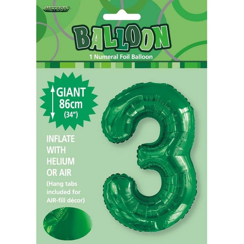 Emerald Green "3" Giant Numeral Foil Balloon 86CM (34")   50683 - Party Owls