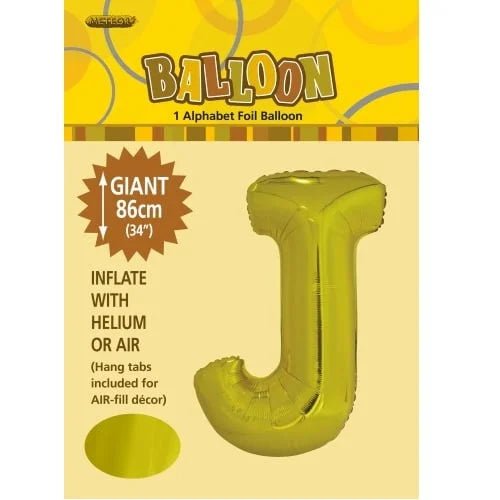 86CM (34") Gold Letter J Giant Jumbo Alphabet Helium Foil Balloon 43169 - Party Owls