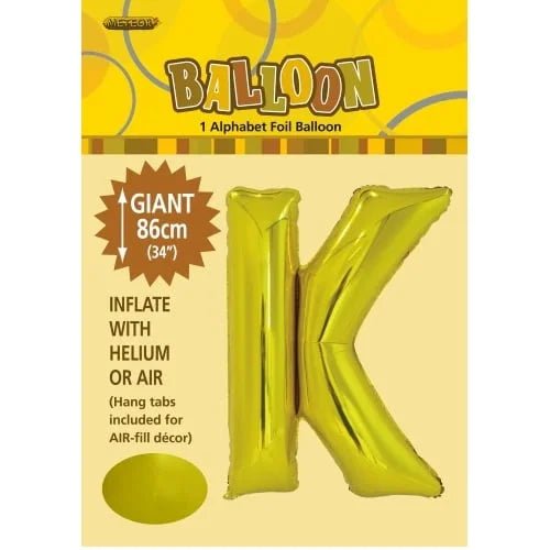 86CM (34") Gold Letter K Giant Jumbo Alphabet Helium Foil Balloon 43170 - Party Owls
