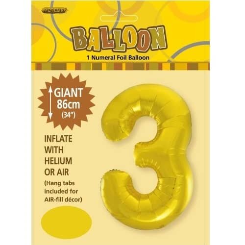 Gold Number 3 Giant Numeral Foil Balloon 86CM (34") 48313 - Party Owls