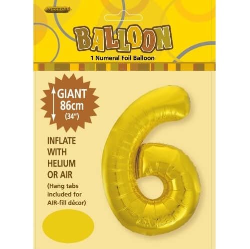 Gold Number 6 Giant Numeral Foil Balloon 86CM (34") 48316 - Party Owls