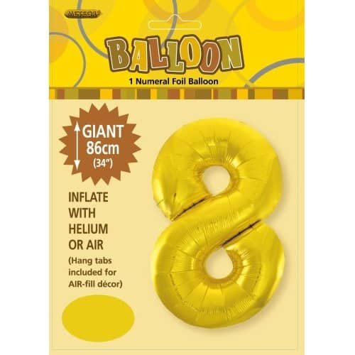 Gold Number 8 Giant Numeral Foil Balloon 86CM (34") 48318 - Party Owls