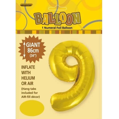 Gold Number 9 Giant Numeral Foil Balloon 86CM (34") 48319 - Party Owls