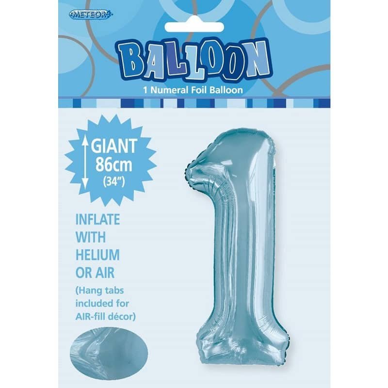 Powder Blue Number 1 Giant Numeral Foil Balloon 86CM (34") 50661 - Party Owls
