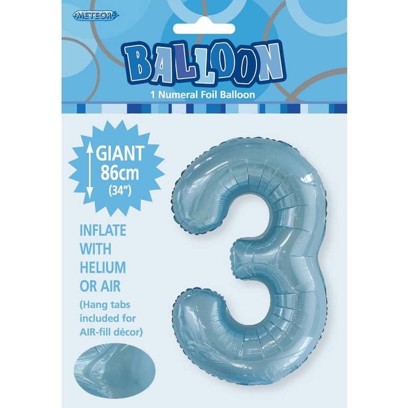 Powder Blue Number 3 Giant Numeral Foil Balloon 86CM (34") 50663 - Party Owls