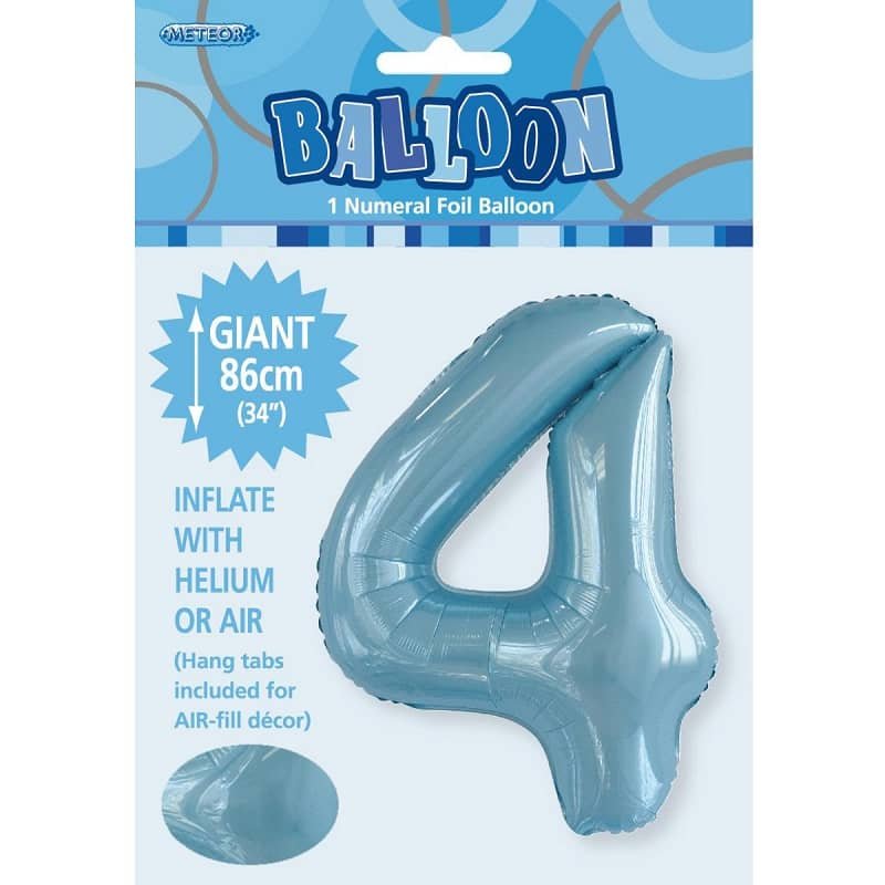 Powder Blue Number 4 Giant Numeral Foil Balloon 86CM (34") 50664 - Party Owls