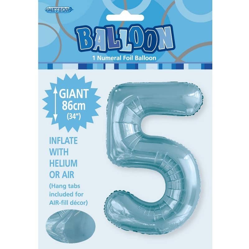 Powder Blue Number 5 Giant Numeral Foil Balloon 86CM (34") 50665 - Party Owls
