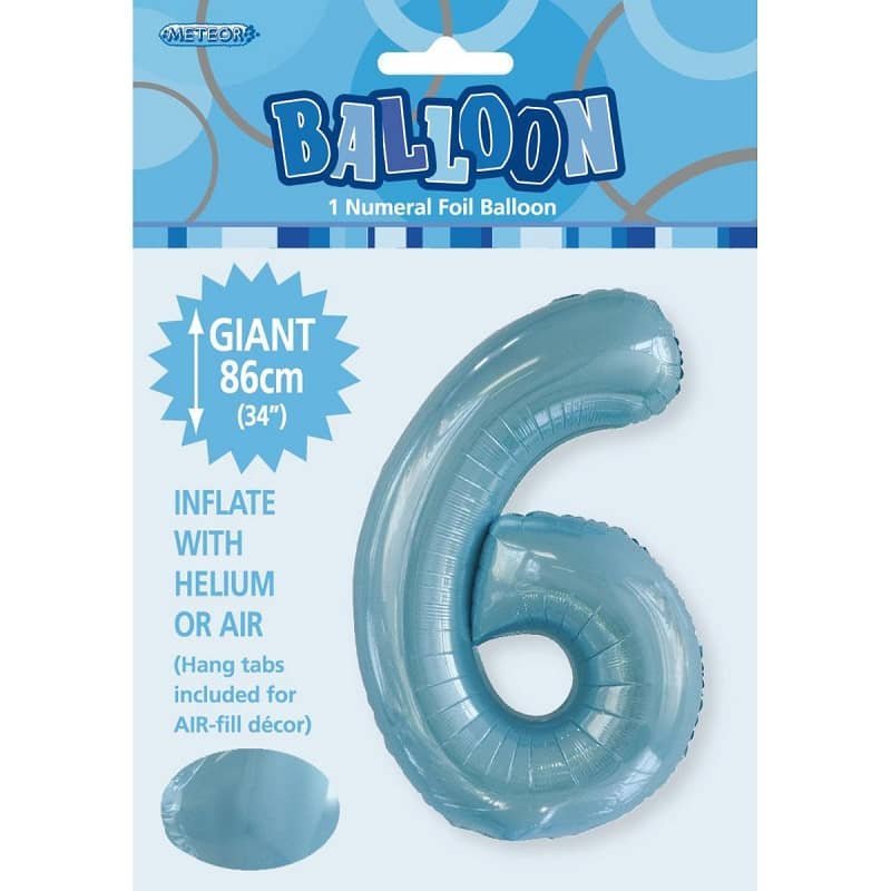 Powder Blue Number 6 Giant Numeral Foil Balloon 86CM (34") 50666 - Party Owls