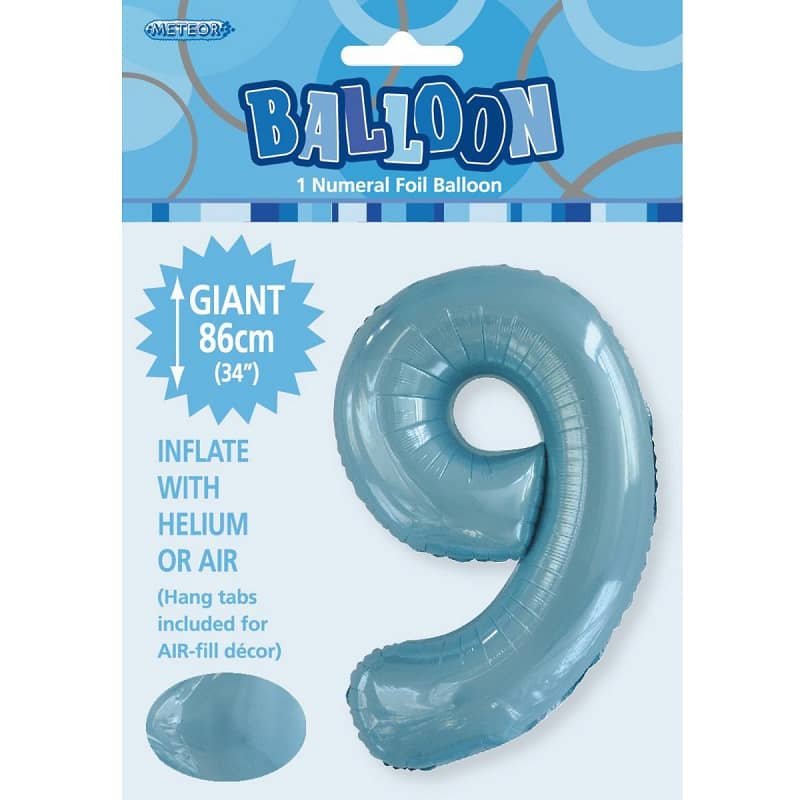 Powder Blue Number 9 Giant Numeral Foil Balloon 86CM (34") 50669 - Party Owls