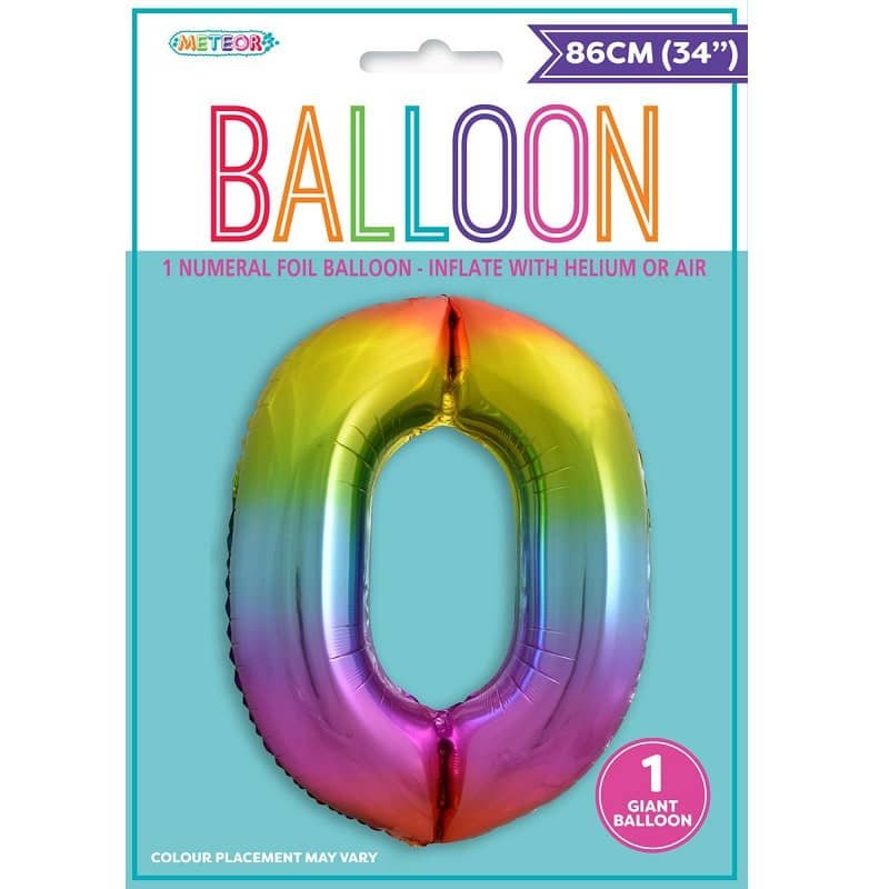 Rainbow Number 0 Giant Numeral Foil Balloon 86CM (34") 44820 - Party Owls