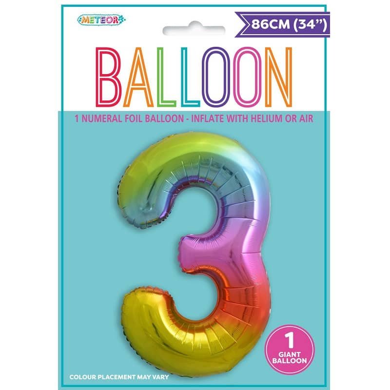 Rainbow Number 3 Giant Numeral Foil Balloon 86CM (34") 44823 - Party Owls
