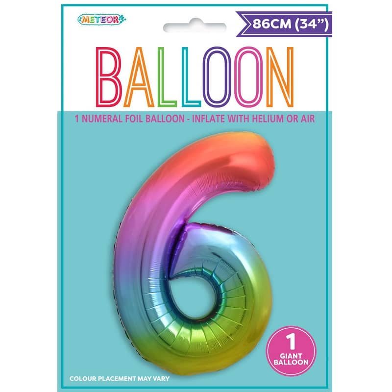 Rainbow Number 6 Giant Numeral Foil Balloon 86CM (34") 44826 - Party Owls