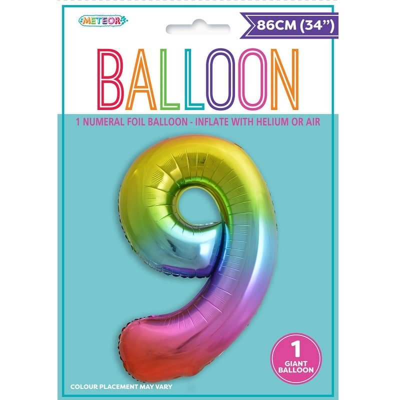 Rainbow Number 9 Giant Numeral Foil Balloon 86CM (34") 44829 - Party Owls