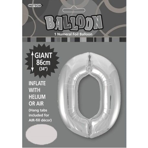 Silver Number 0 Giant Numeral Foil Balloon 86CM (34") 48290 - Party Owls