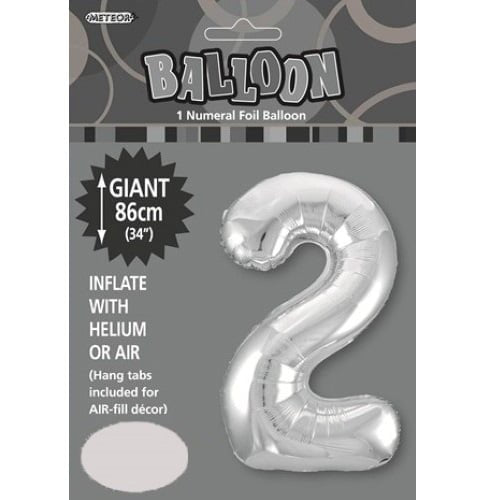 Silver Number 2 Giant Numeral Foil Balloon 86CM (34") 48292 - Party Owls