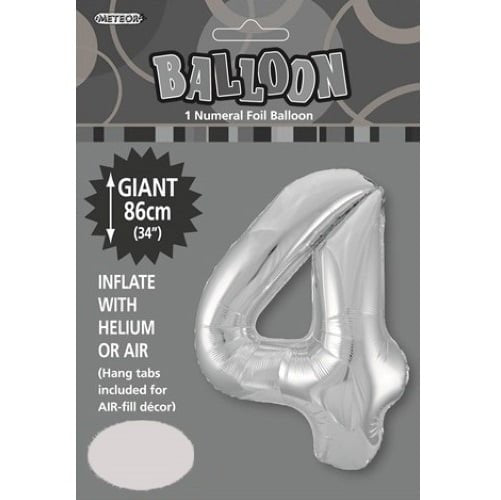 Silver Number 4 Giant Numeral Foil Balloon 86CM (34") 48294 - Party Owls