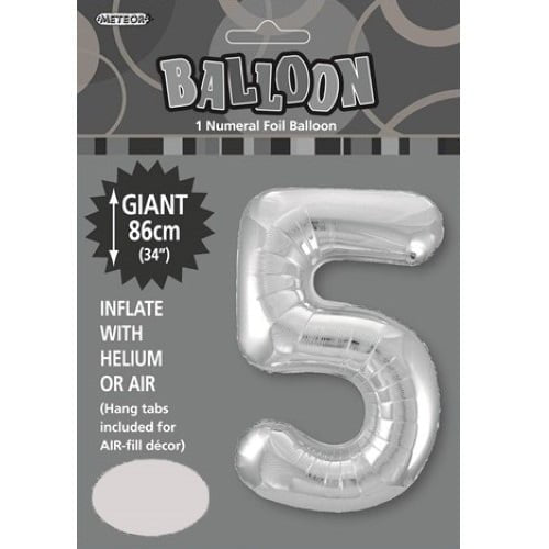 Silver Number 5 Giant Numeral Foil Balloon 86CM (34") 48295 - Party Owls