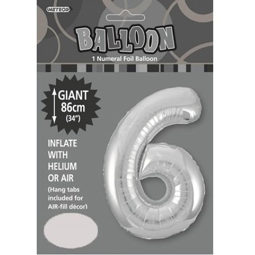 Silver Number 6 Giant Numeral Foil Balloon 86CM (34") 48296 - Party Owls