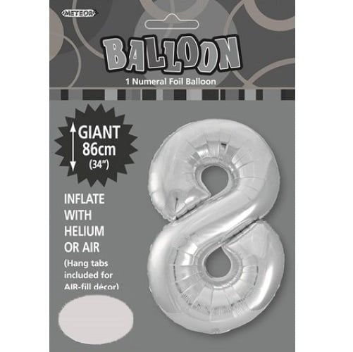 Silver Number 8 Giant Numeral Foil Balloon 86CM (34") 48298 - Party Owls