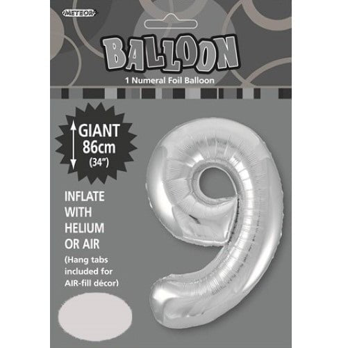 Silver Number 9 Giant Numeral Foil Balloon 86CM (34") 48299 - Party Owls