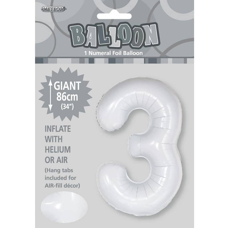 White Number 3 Giant Numeral Foil Balloon 86CM (34") 50673 - Party Owls