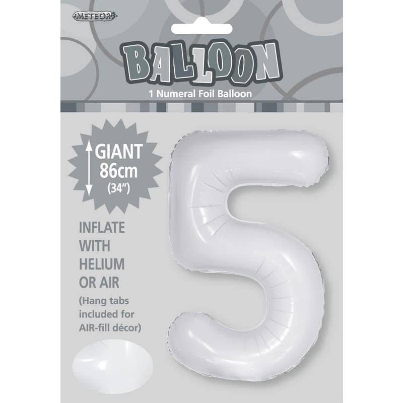 White Number 5 Giant Numeral Foil Balloon 86CM (34") 50675 - Party Owls