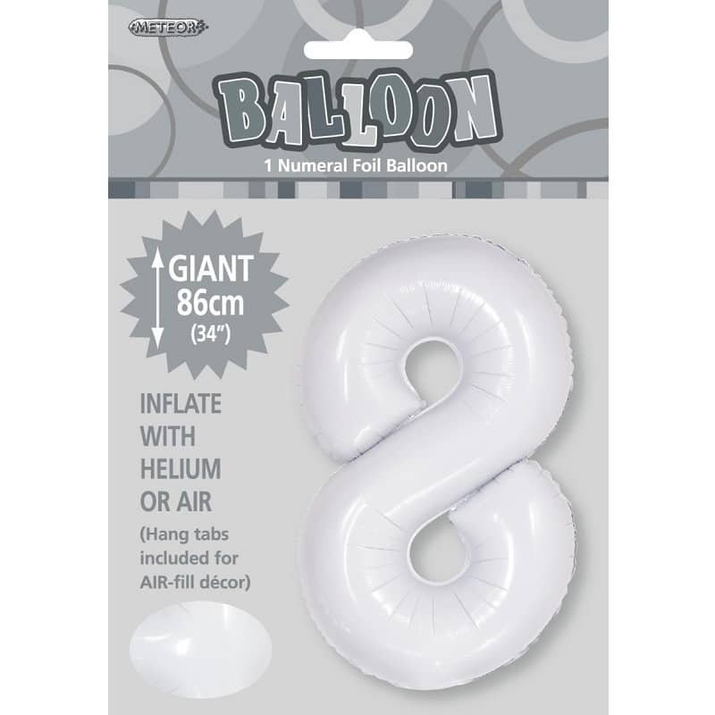 White Number 8 Giant Numeral Foil Balloon 86CM (34") 50678 - Party Owls