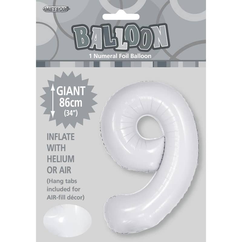 White Number 9 Giant Numeral Foil Balloon 86CM (34") 50679 - Party Owls