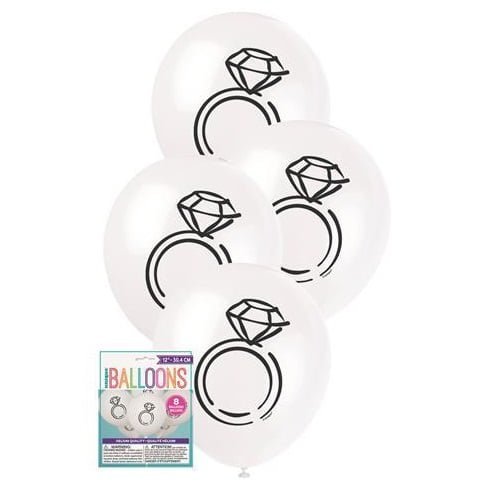 8pk White Diamond Rings Latex Balloons 30cm 54900 - Party Owls