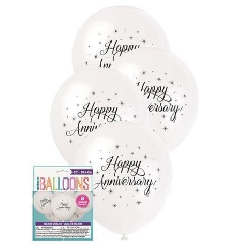 White Happy Anniversary Latex Balloons 30cm (12") 8pk  54902 - Party Owls
