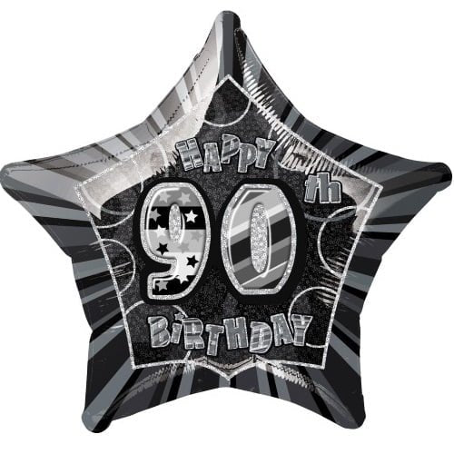 Glitz Black And Silver 90th Birthday Star Shape Foil Balloon 50cm (20") 55392 - Party Owls