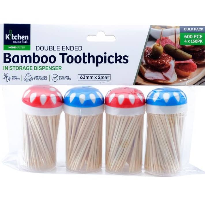 Bamboo Toothpicks In Dispenser 600pk (4 Tubes Of 150 Pieces) - Party Owls