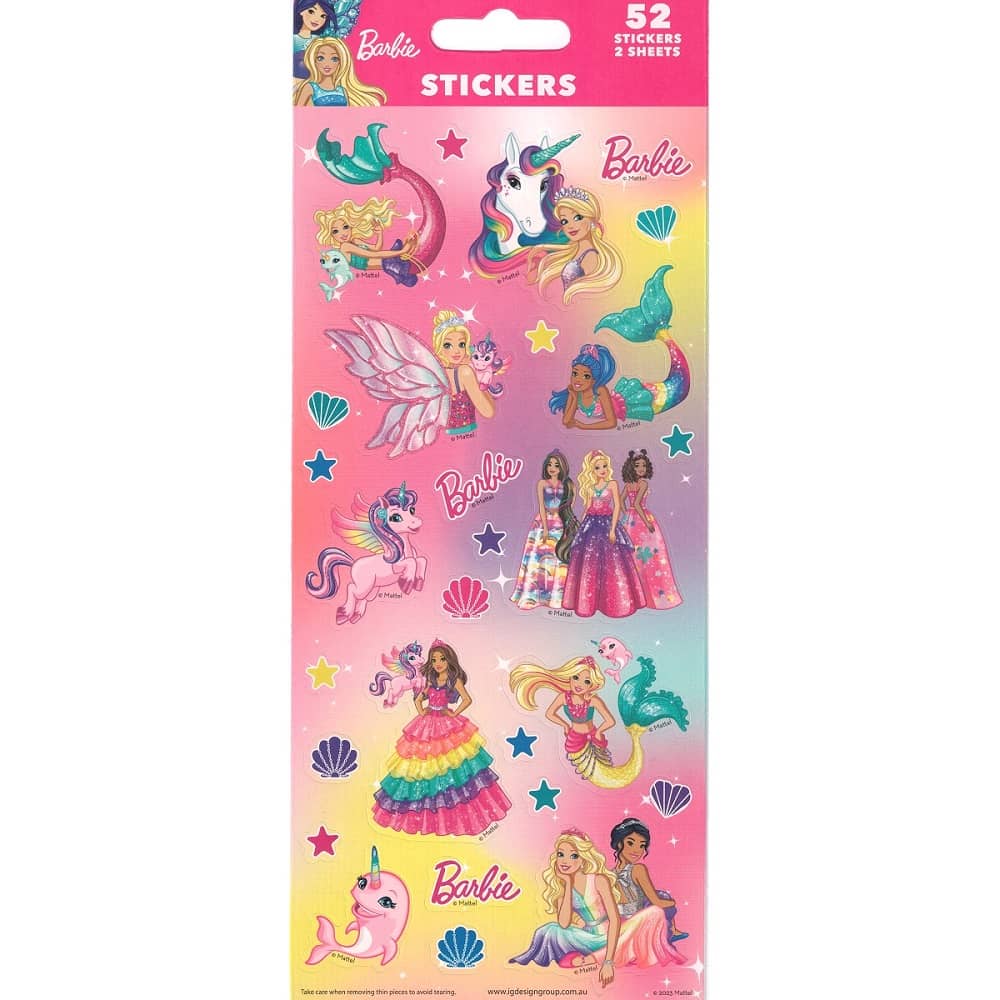 Barbie Sticker Sheets 52pk (2 Sheets) Party Favours - Party Owls