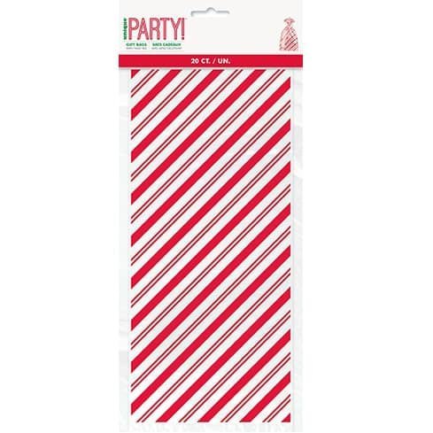 Christmas Red Stripes Cello Bags 20pk Party Bags 78079 - Party Owls