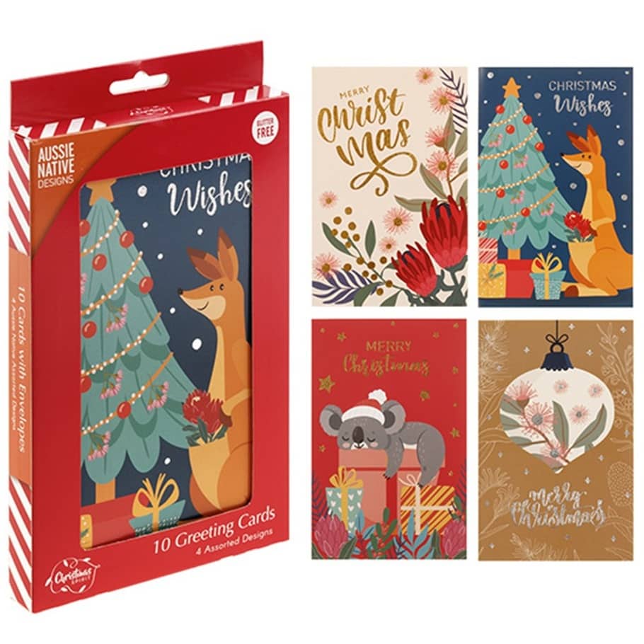 Christmas Cards 10pk (115 x 177mm) w/Envelopes Textured Foil Cute Kangaroo Koala - Party Owls