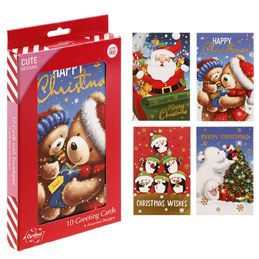 Christmas Cards 10pk (115 x 177mm) w/Envelopes Textured Foil Cute Santa Bears Penguins - Party Owls