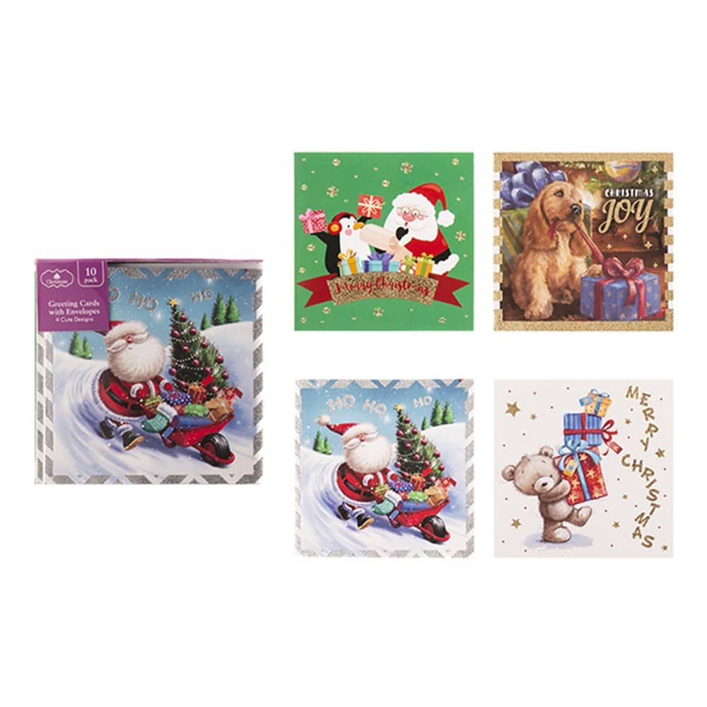 Christmas Cards 10pk (125 x 125mm) w/Envelopes Textured Foil Cute Santa Bear Dog - Party Owls