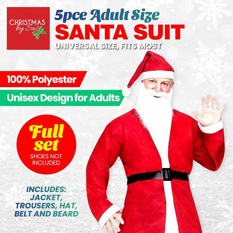 Christmas Santa Costume Suit 5pc - Adult Size - Party Owls