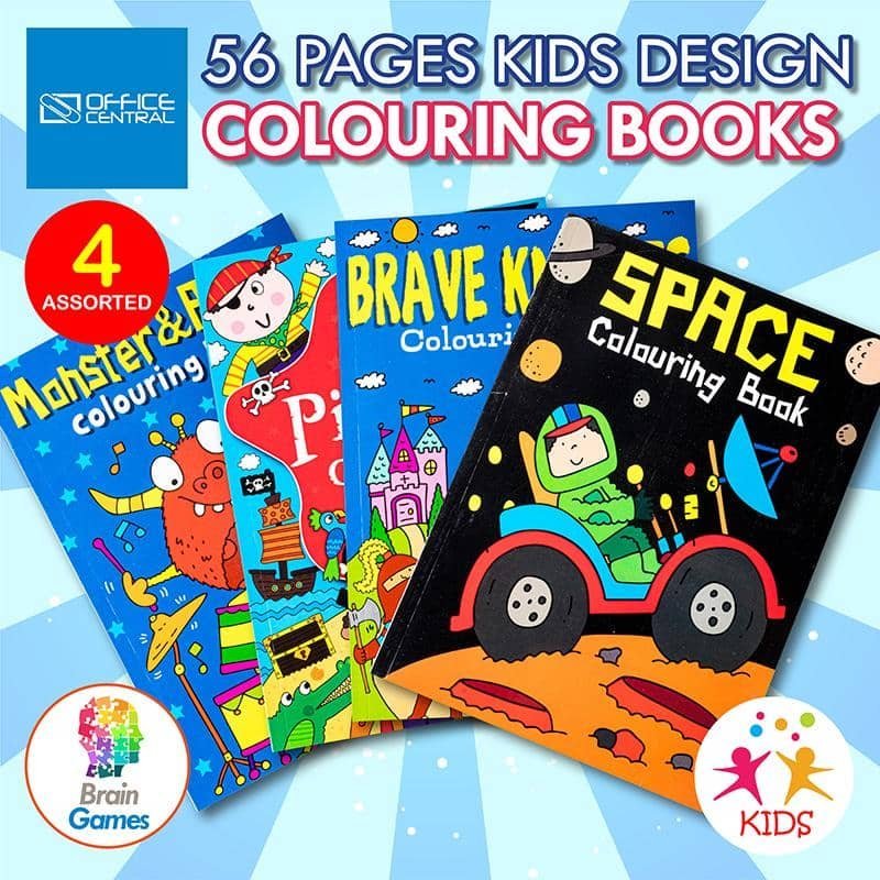 Colouring Books 4pk 56PG Space Monsters Brave Knights Pirates 220045 - Party Owls