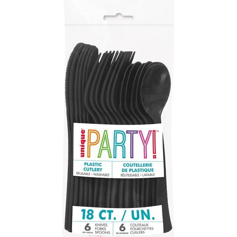Black Solid Colour Plastic Assorted Cutlery 18pk Reusable 39497 - Party Owls