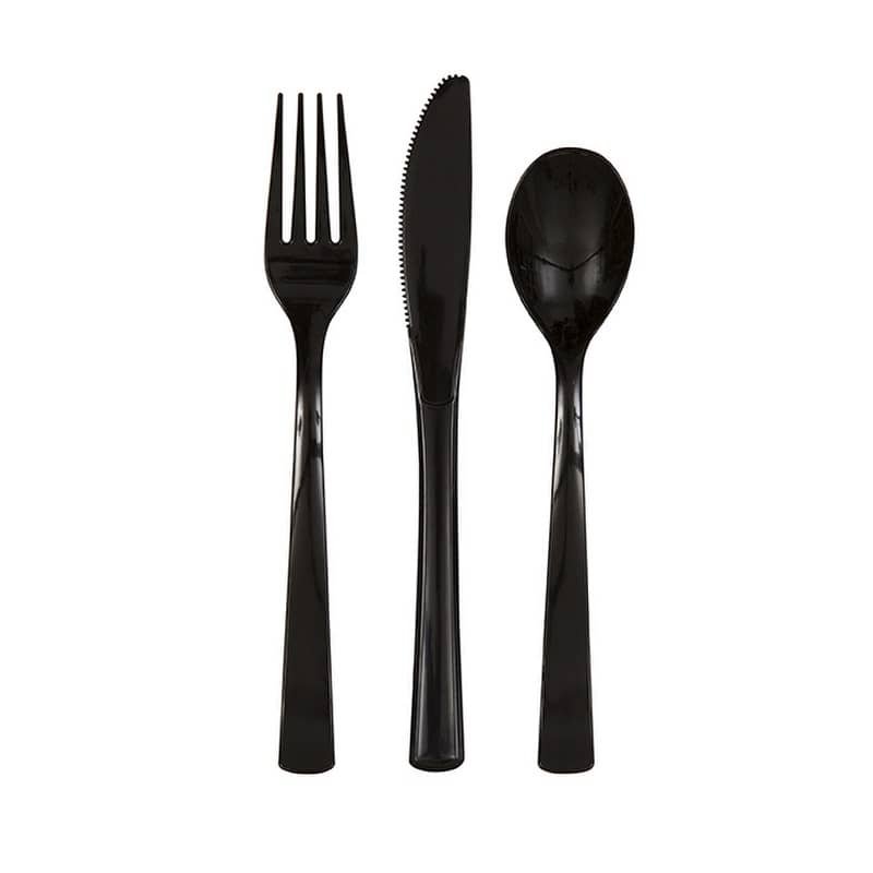 Black Solid Colour Plastic Assorted Cutlery 18pk Reusable 39497 - Party Owls
