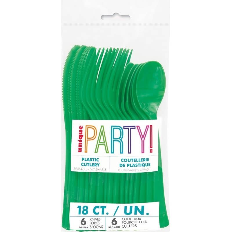Emerald Green Solid Colour Plastic Assorted Cutlery 18pk Reusable 39494 - Party Owls