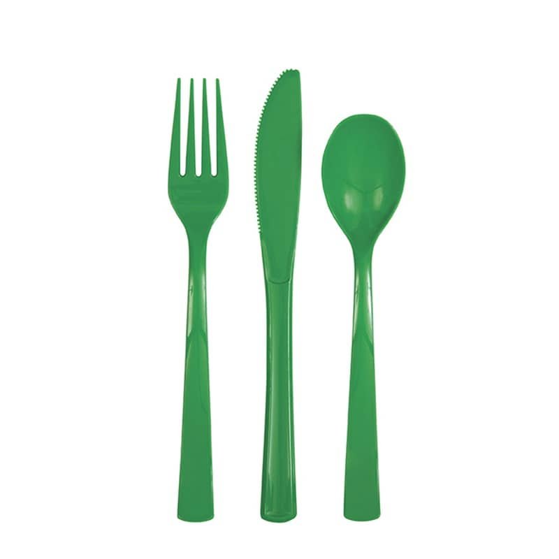 Emerald Green Solid Colour Plastic Assorted Cutlery 18pk Reusable  39494 - Party Owls