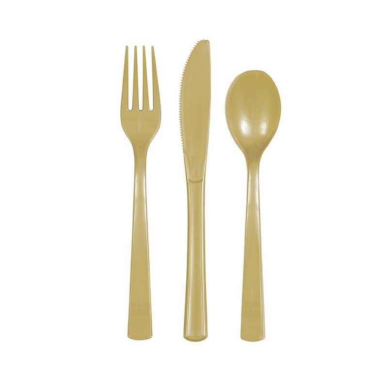 Gold Solid Colour Plastic Assorted Cutlery 18pk Reusable 39505 - Party Owls