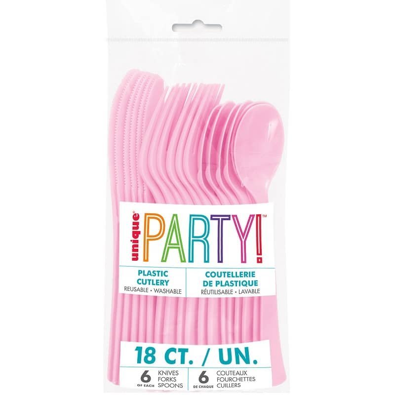 Lovely Pink Solid Colour Reusable Plastic Cutlery 18pk Assorted 39517 - Party Owls
