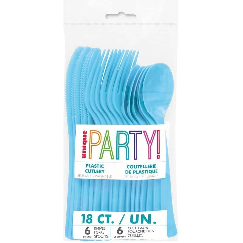 Powder Blue Solid Colour Reusable Plastic Cutlery 18pk Assorted 39519 - Party Owls