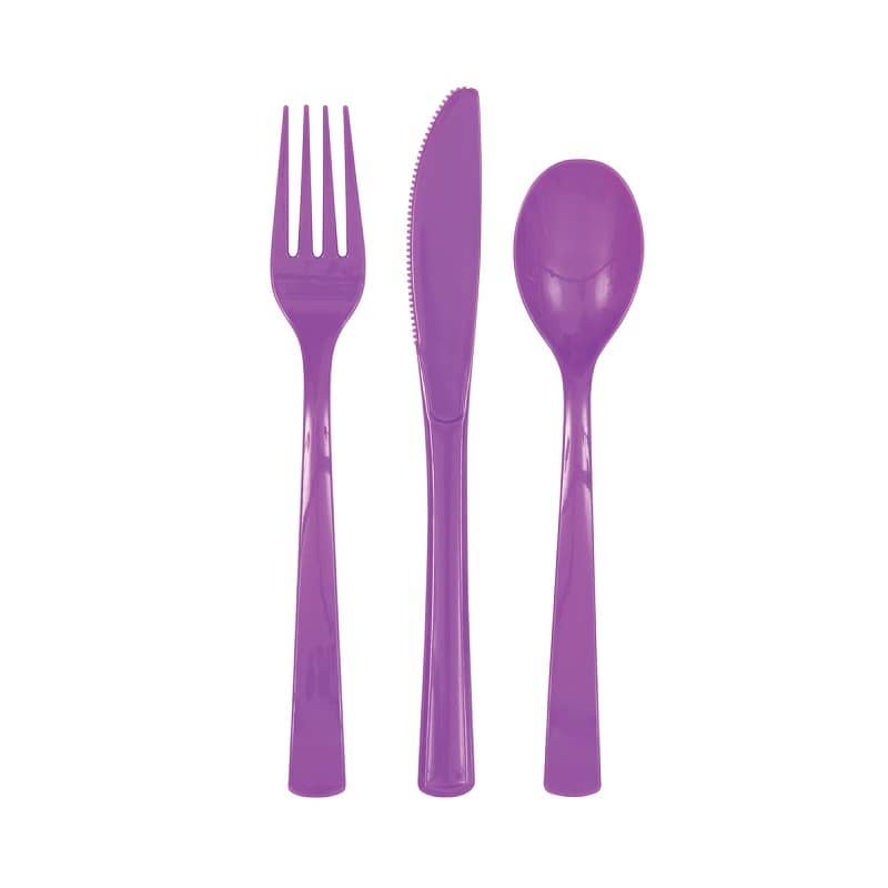 Pretty Purple Solid Colour Plastic Assorted Cutlery 18pk Reusable 39532 - Party Owls