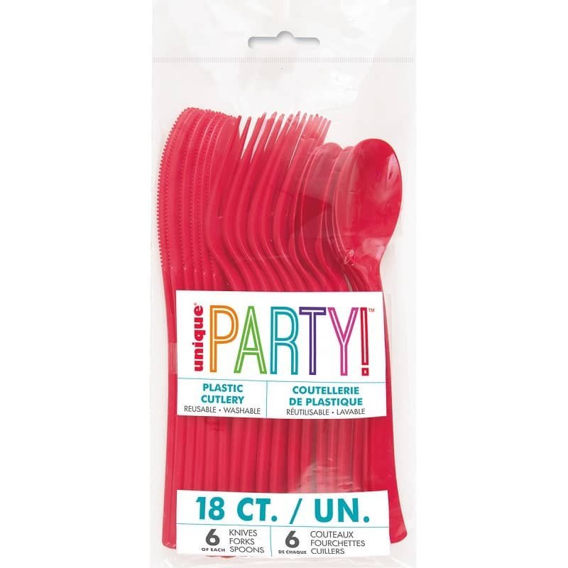 Ruby Red Solid Colour Plastic Assorted Cutlery 18pk Reusable 39484 - Party Owls