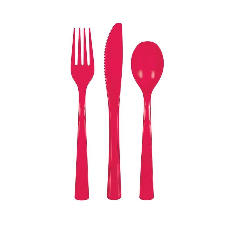 Ruby Red Solid Colour Plastic Assorted Cutlery 18pk Reusable  39484 - Party Owls